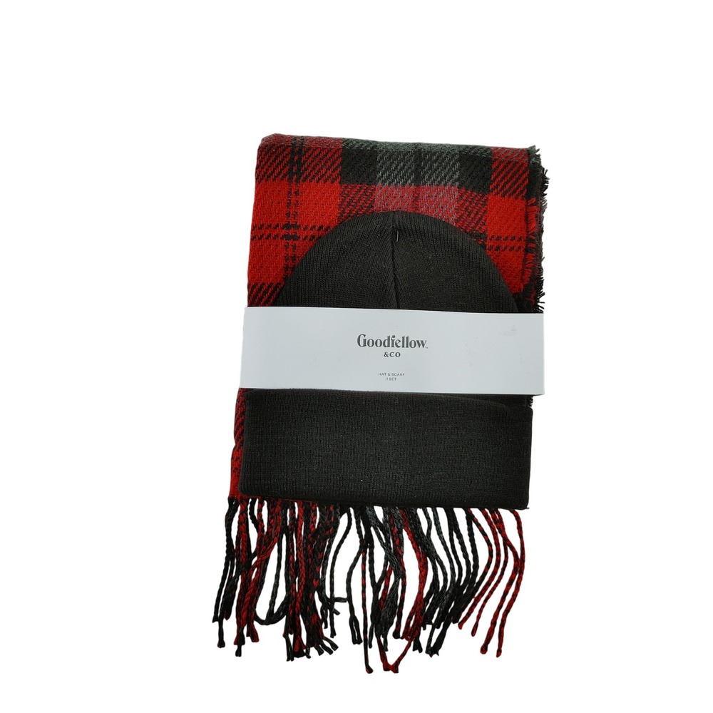 Goodfellow & Co Eco Plaid Scarf and Beanie Set Red Black Gray One Size